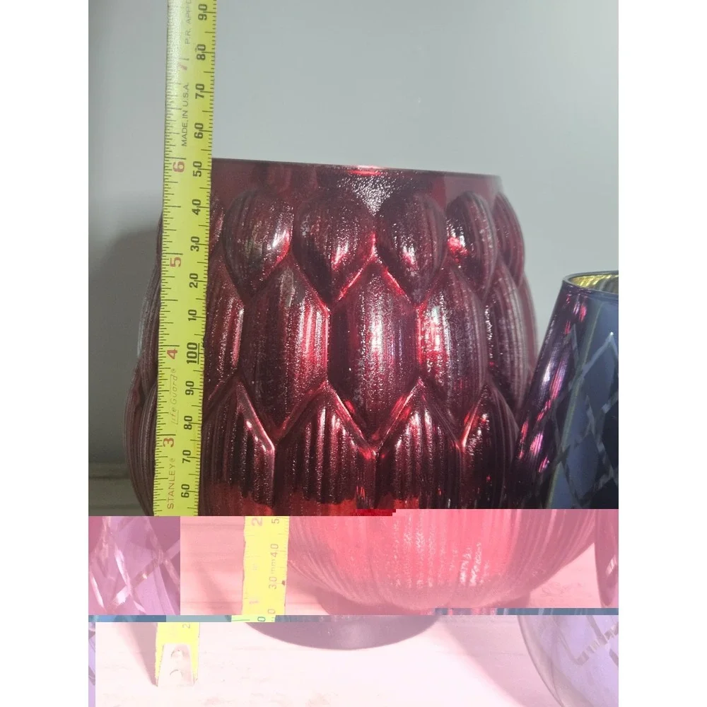 Metallic Glass Candle Holder Set Red Artichoke Blue Trellis Christmas Decor